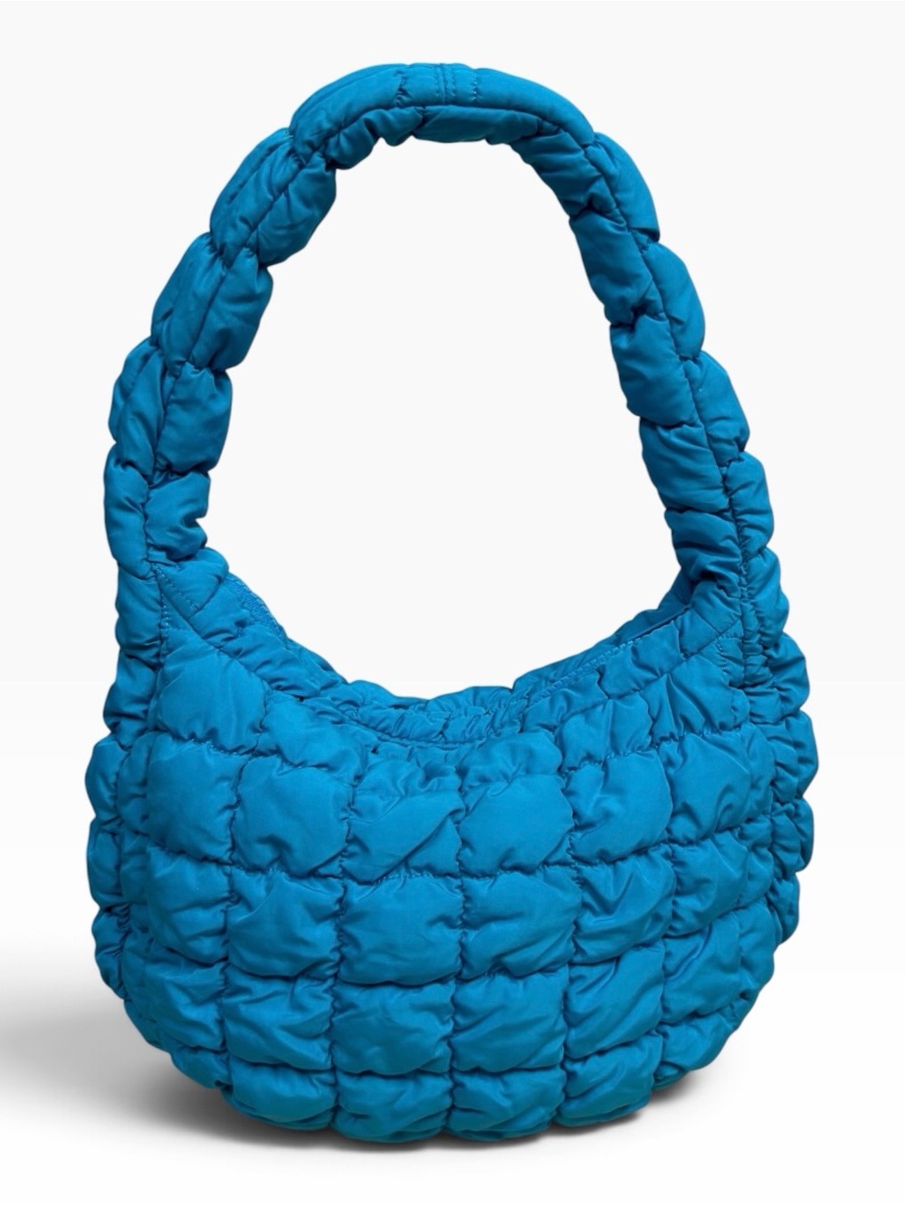 COS Quilted Small Bag Turquoise Blue Padded Shoulder Handbag Pillowy Zip Closure